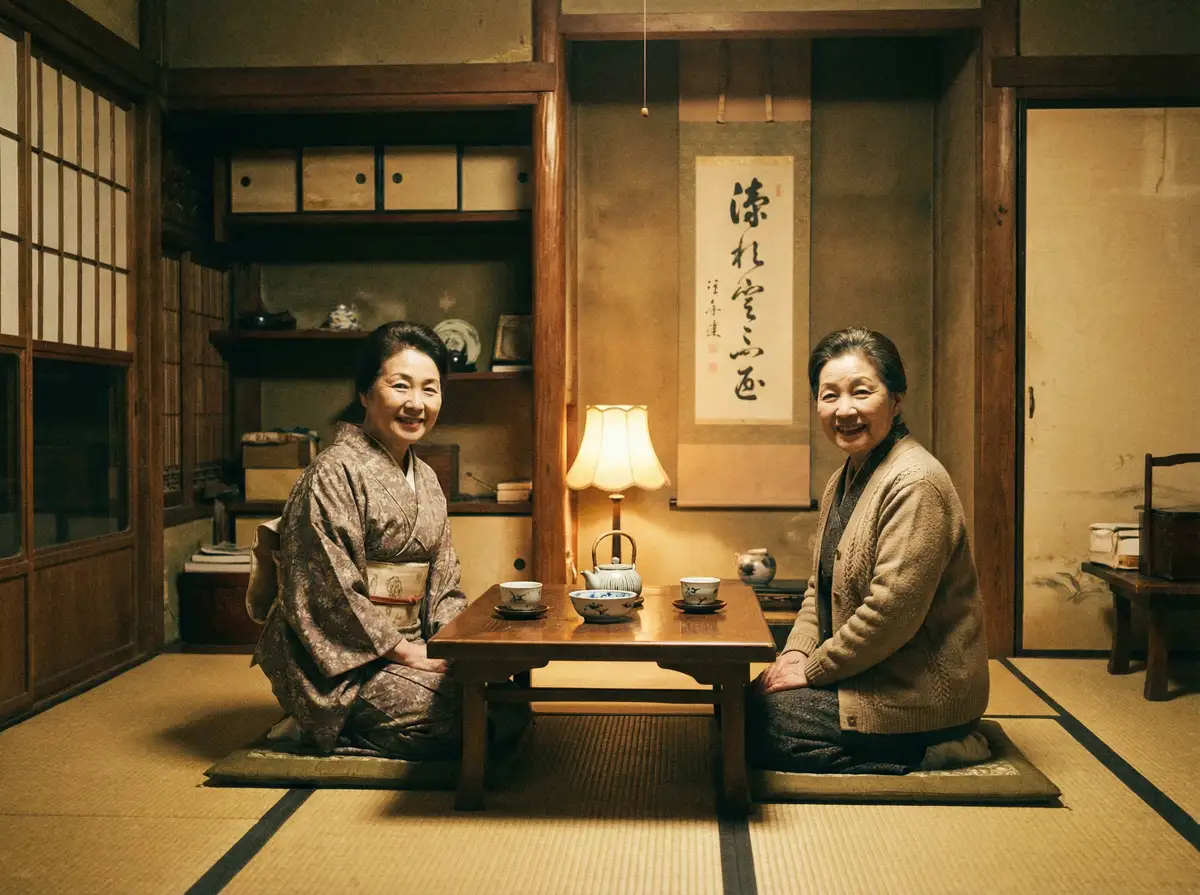 两位优雅的 a 片 在日式茶室中品茶交谈